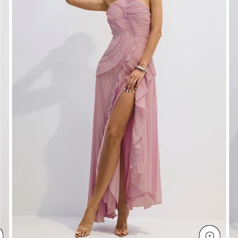 Pleated One-Shoulder High-Slit Pink Evening Dress